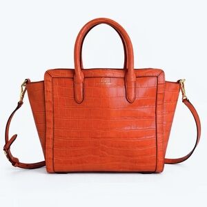 Lauren Ralph Lauren Tyler Croc Embossed Leather Medium Tote Bag Blood Orange